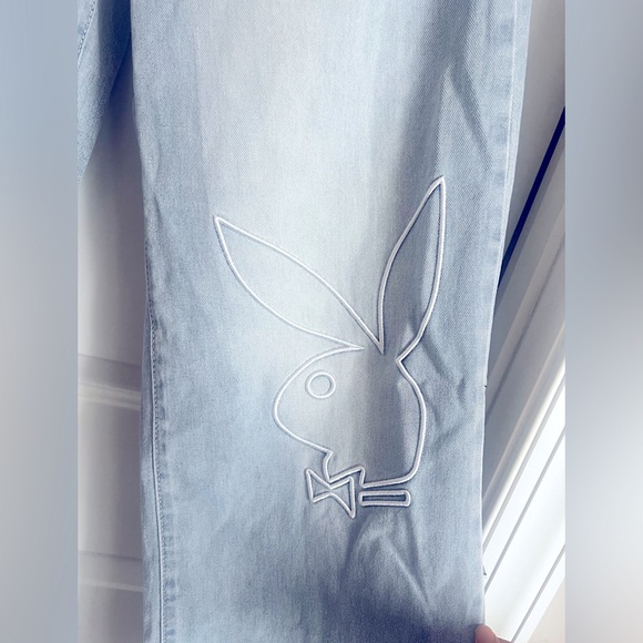 Playboy white tuxedo waist embroidered iconic bunny wide leg jeans size 7 - Picture 4 of 7